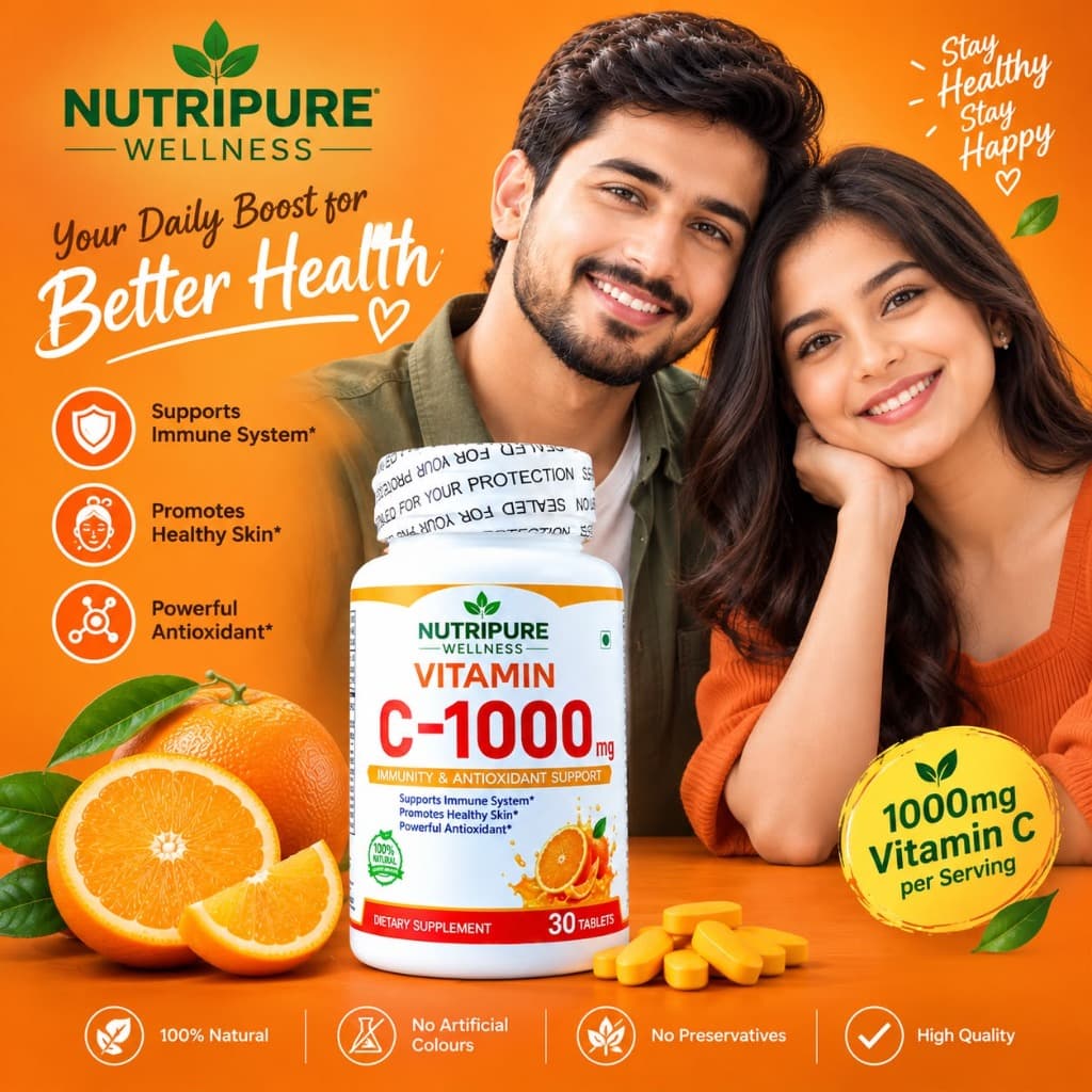 NutriPure Wellness Vitamin C with Healthy Couple and Fresh Oranges