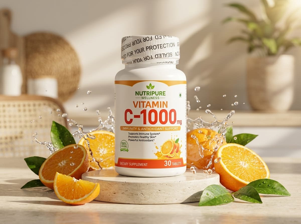 NutriPure Vitamin C-1000mg Studio Showcase with Fresh Oranges and Travertine Pedestal